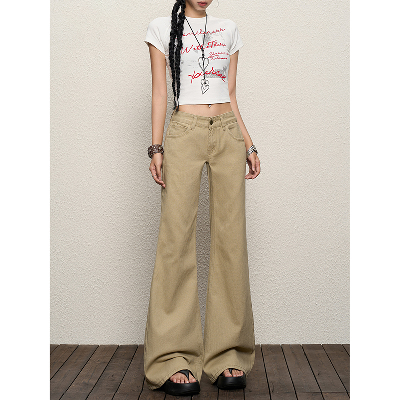 美式低腰辣妹复古牛仔裤女夏季新款卡其色显瘦不贴腿微喇拖地裤子