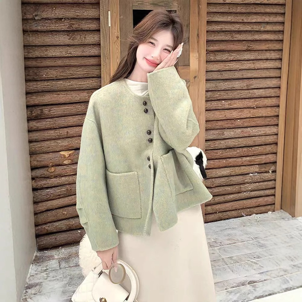沐卿桐小香风绿色双面呢外套女秋冬短款呢大衣高级感韩系爆款气质