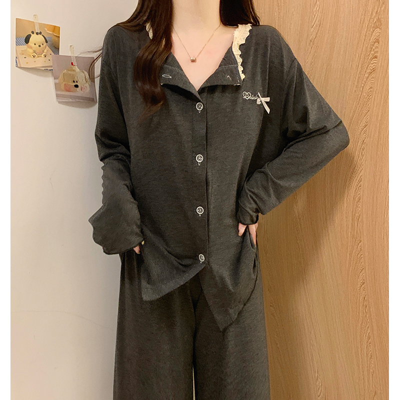 睡衣女春秋季长袖网红ins风高级感带胸垫防凸点深灰家居服两件套