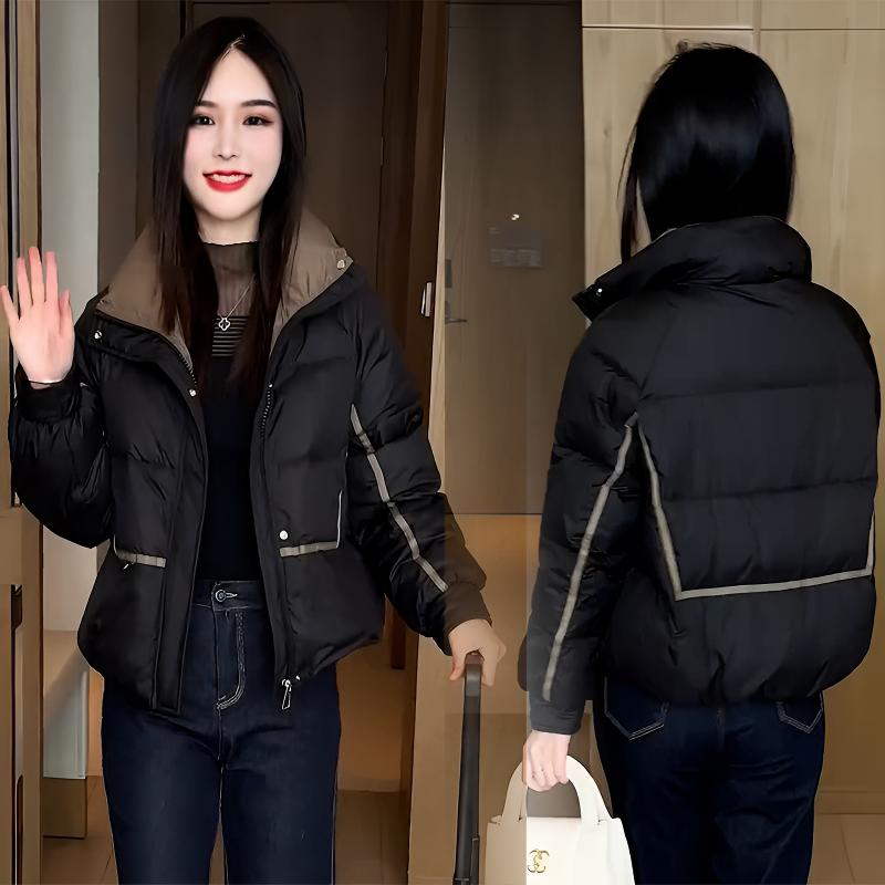 时尚简约风洋气女2025冬季新款显瘦减龄百搭立领撞色宽松保暖外套