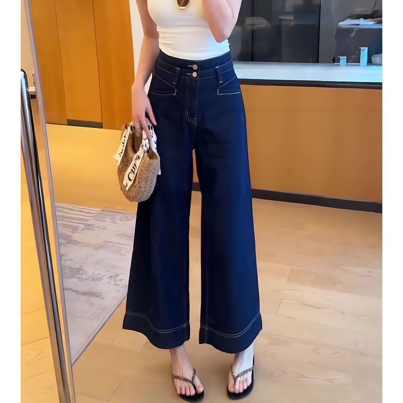 不掉色九分阔腿牛仔裤女高腰大码显瘦时尚休闲夏季薄款宽松拖地裤