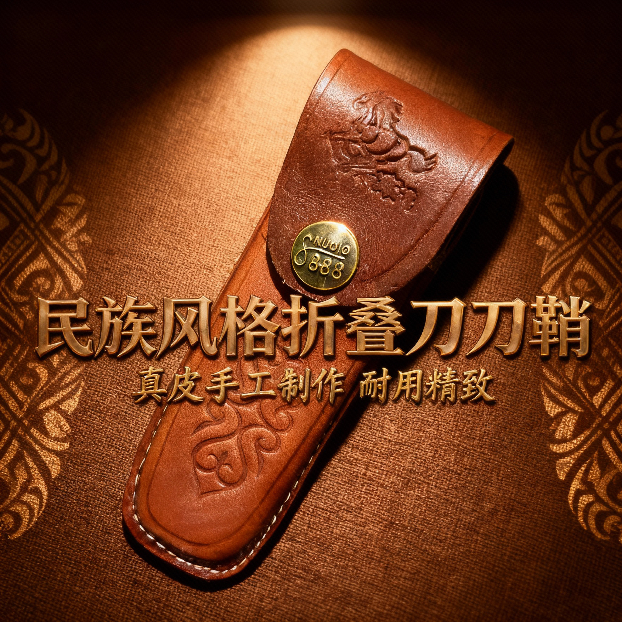 民族风格纯手工缝制真皮折叠刀刀鞘牛皮刀具保护套刀套实用又美观