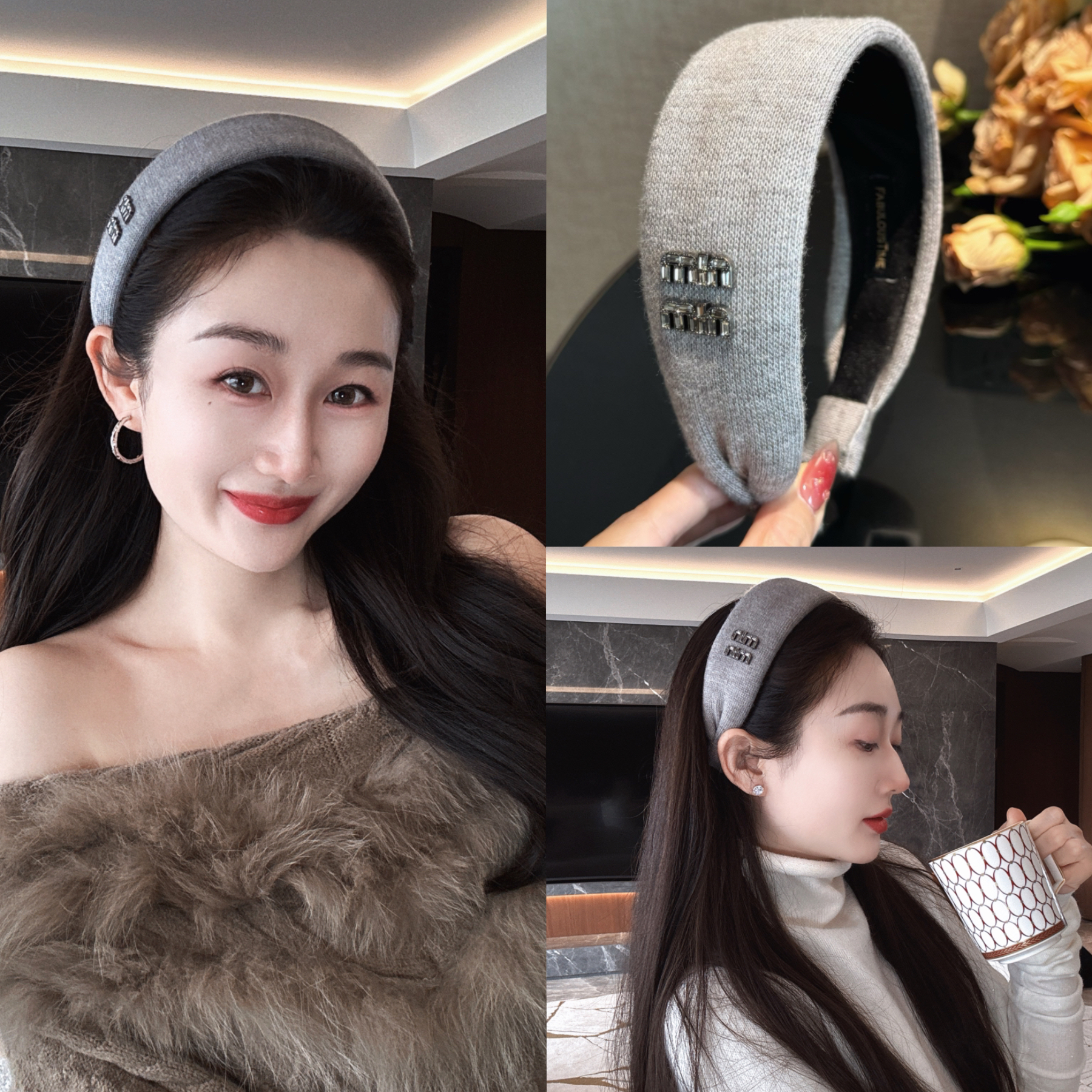 杨杨babytime 千金温柔！时髦奶灰色针织字母发箍简约高颅顶头箍