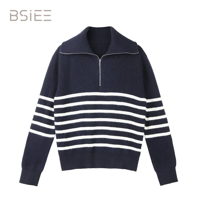 BSIEE/本涩翻领条纹毛衣年秋冬新品时尚宽松显瘦长袖上衣女