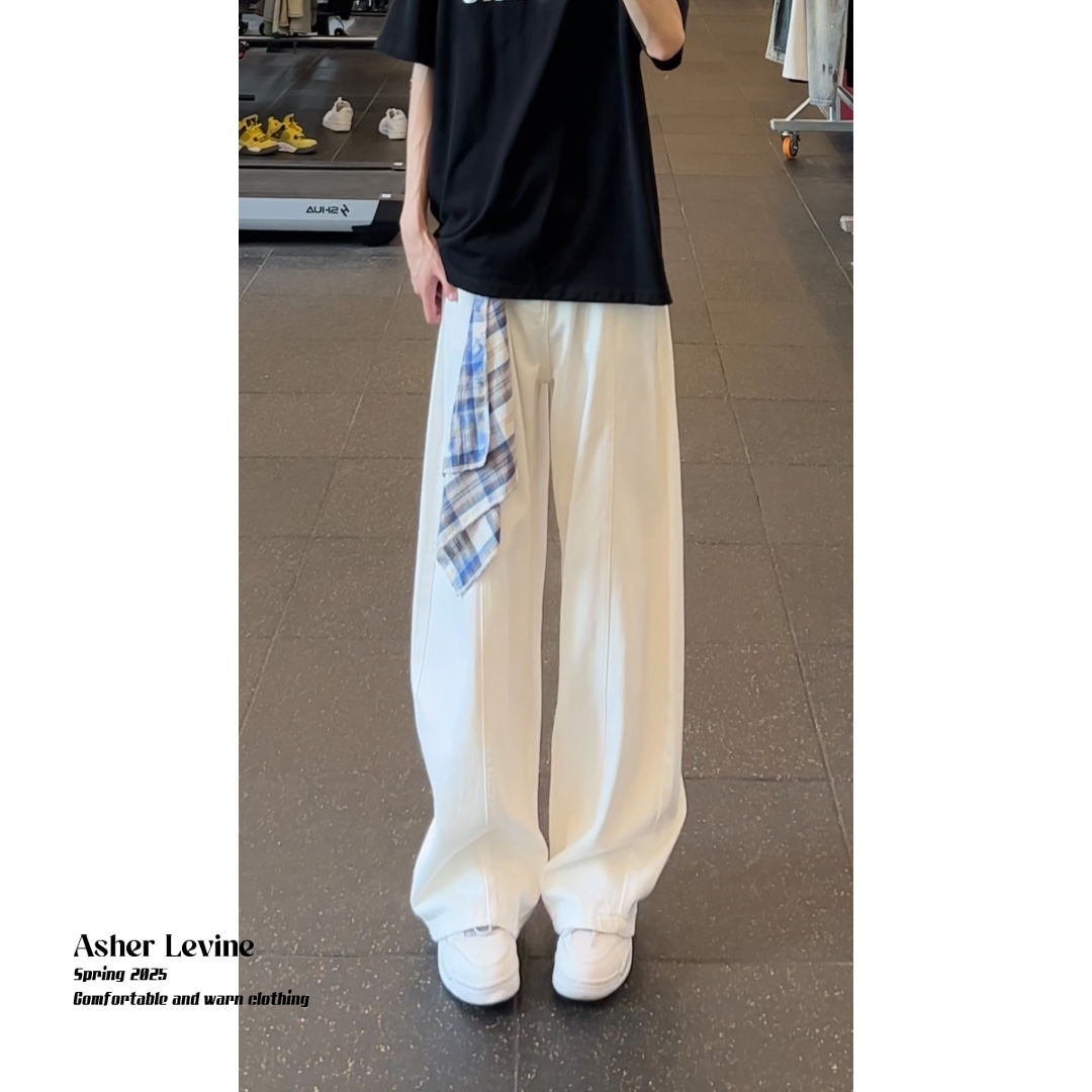美式复古格纹方巾牛仔裤男女同款夏季潮牌宽松直筒阔腿休闲长裤潮