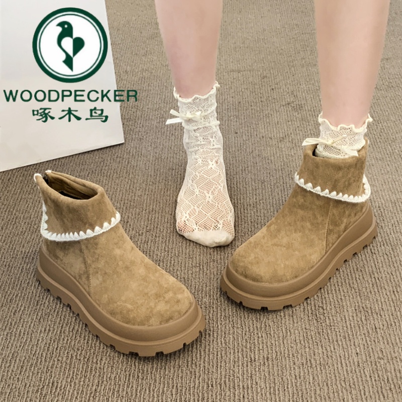 啄木鸟厚底增高勃肯短靴女款2025秋冬新款复古圆头百搭绒面马丁靴