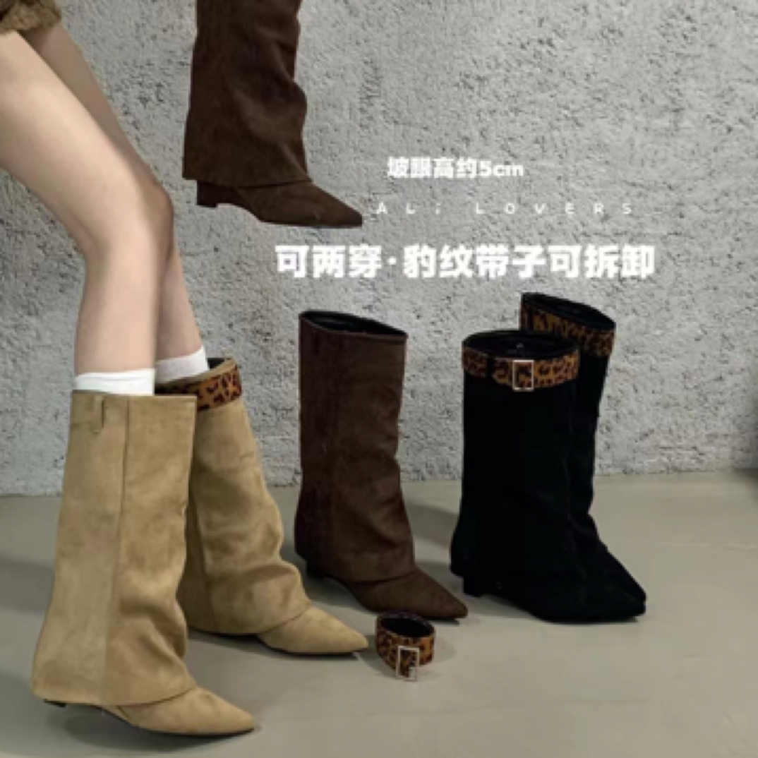 时尚豹纹皮带扣长靴女2025秋季新款外穿网红设计感两穿坡跟时装靴