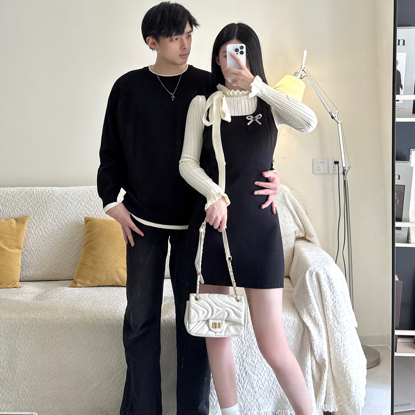 法式复古时尚假两件针织连衣裙秋季新款百搭宽松毛衣情侣一衣一裙