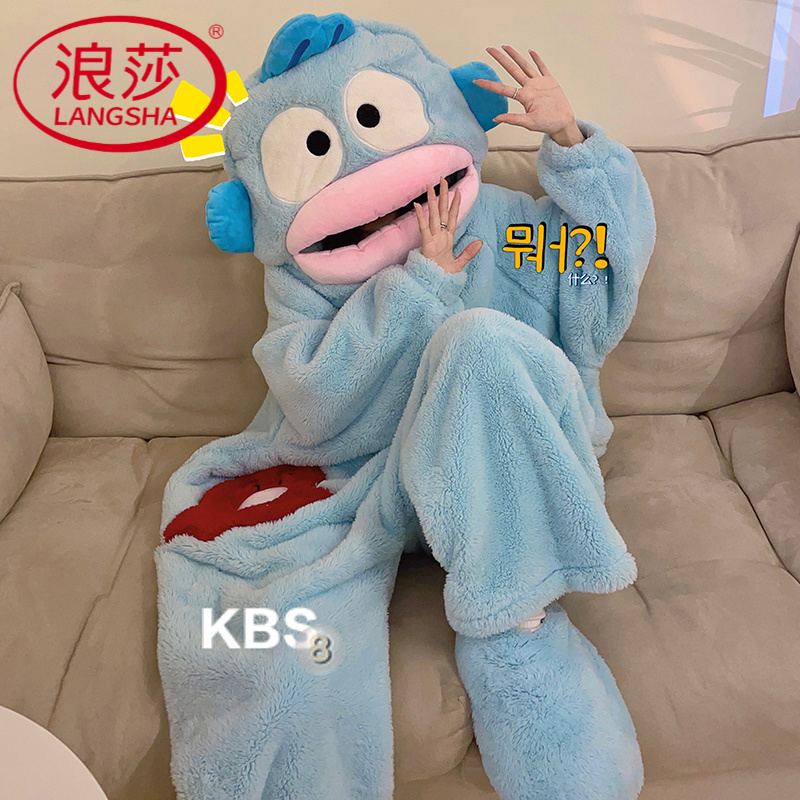 浪莎可爱丑鱼汗顿搞怪连体睡衣女冬季加绒加厚珊瑚绒卡通可外穿家