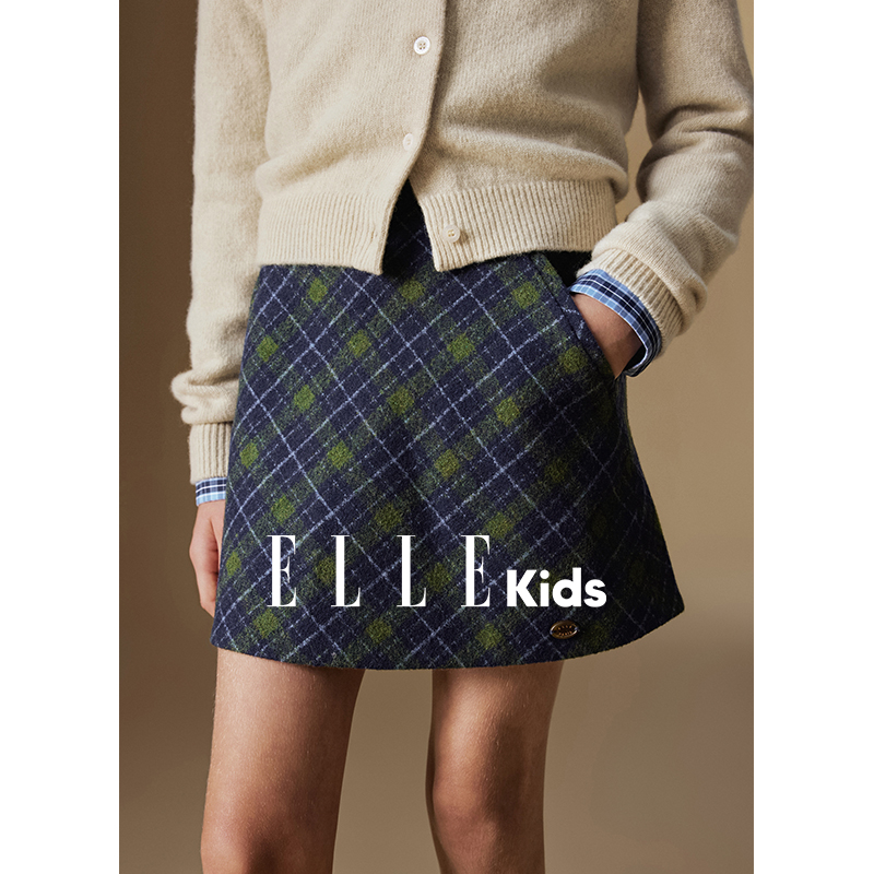 ELLE KIDS复古格纹短裙高腰气质百搭毛呢半身裙女儿童秋冬D1