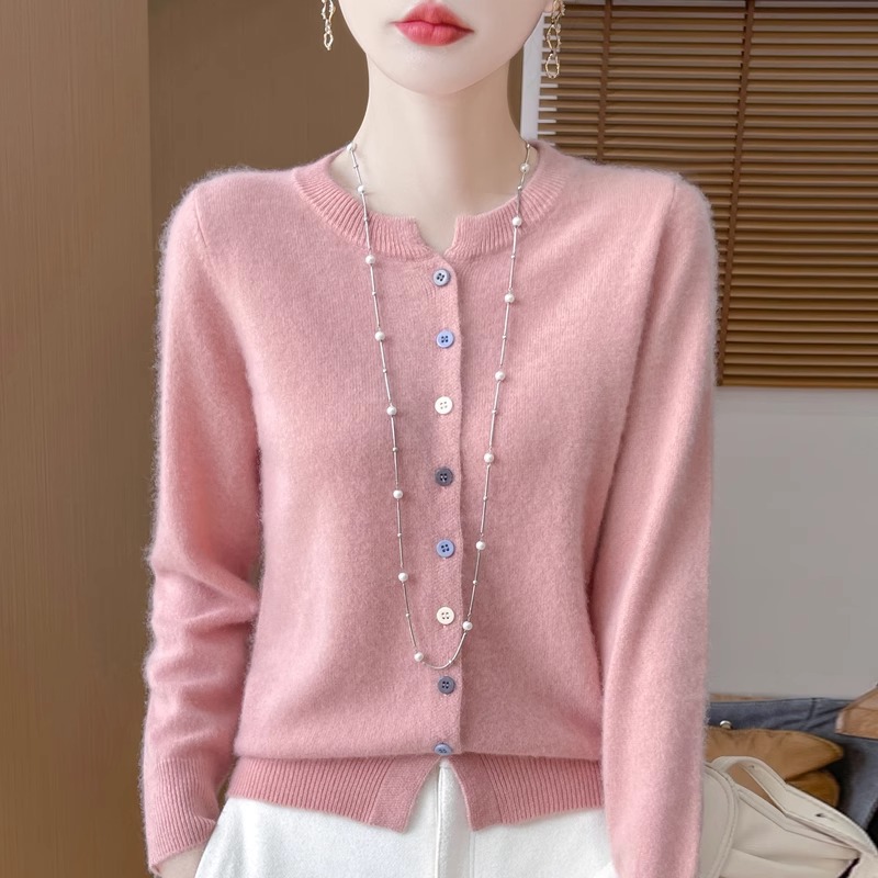 24秋冬新款100%纯羊毛开衫女圆领长袖针织毛衣宽松羊毛衫外套上衣