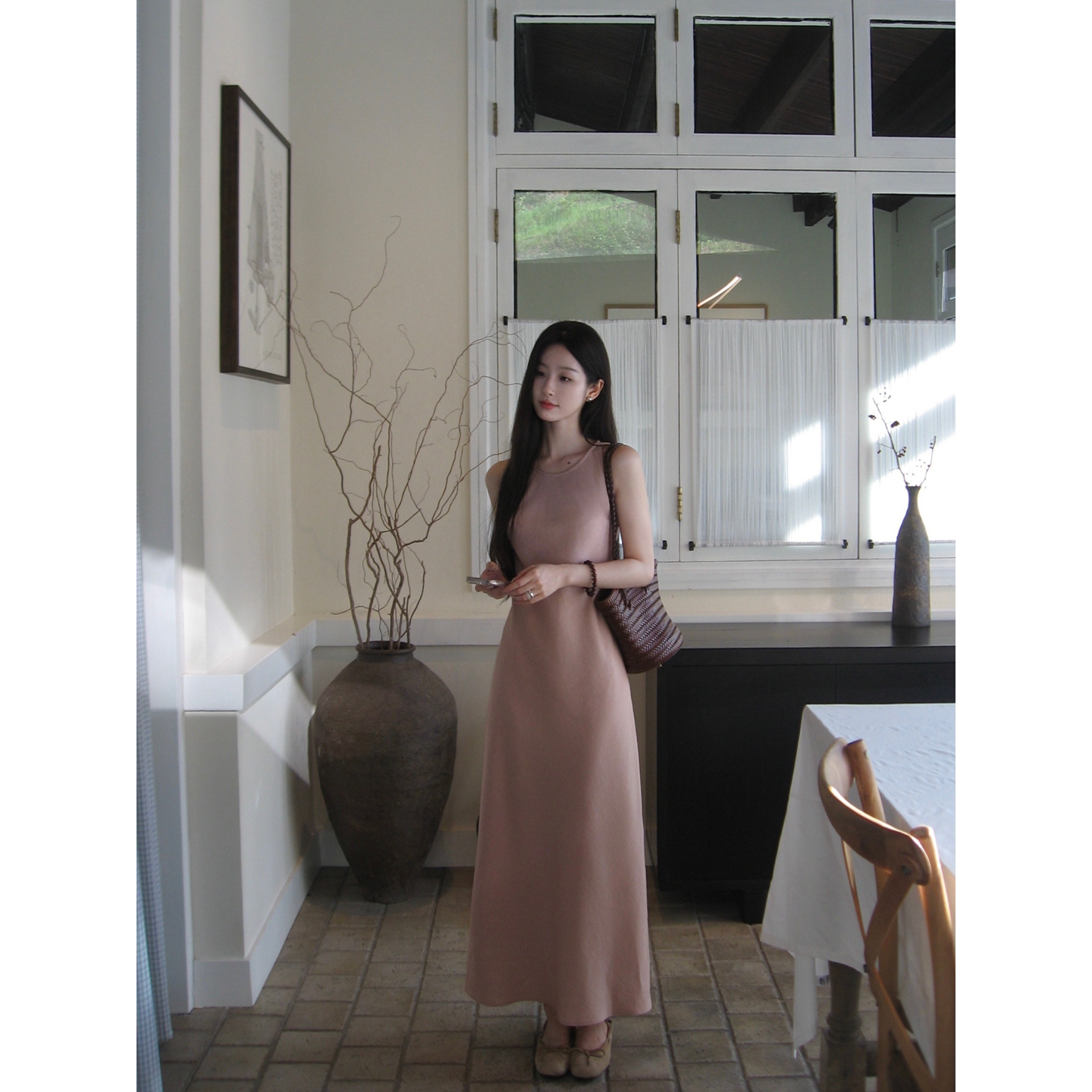 W51【橘夏】2025夏季新款温柔修身无袖温柔风长裙浪漫连衣裙