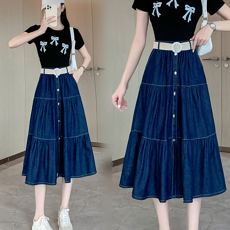 时尚大码女装2025早秋季款韩版牛仔半身长裙胖mm伞裙显瘦时尚百搭