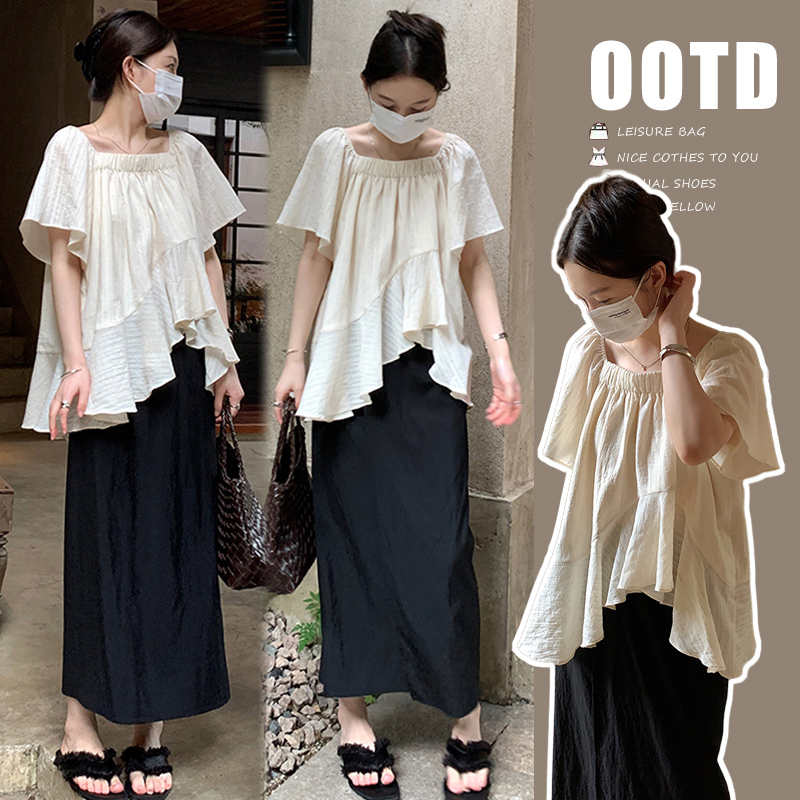 时髦孕妇装开叉显瘦半身裙不规则减龄上衣小个子夏洋气时尚两件套