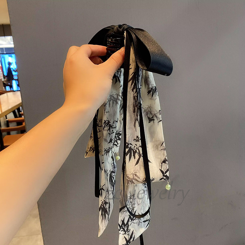 新中式竹节蝴蝶结马尾夹女小众设计古风汉服长款飘带后脑勺发抓