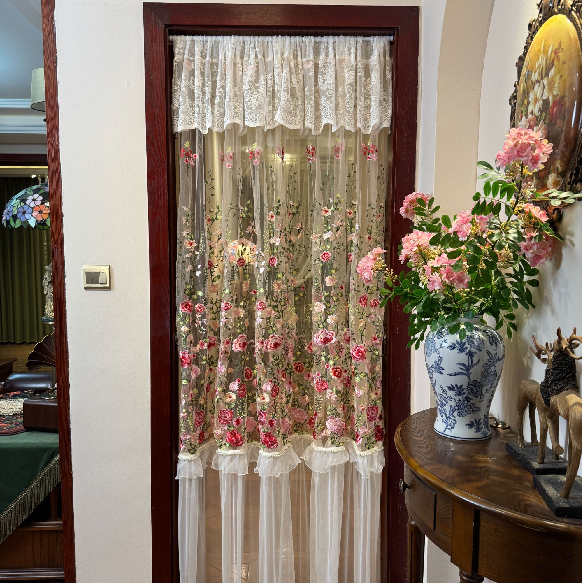 薇云立体绣花珍珠高定刺绣吊珠双层长门帘家用免打孔门帘隔断帘