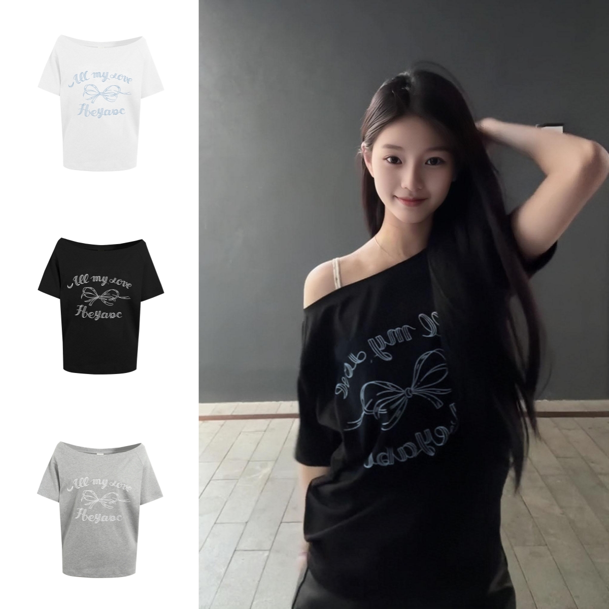 韩系蝴蝶结印花斜肩短袖T恤女夏季新款宽松设计感辣妹百搭上衣ins