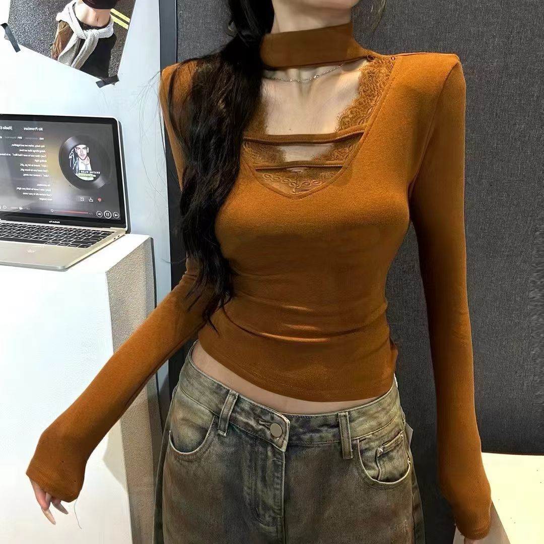 双11蕾丝拼接V领长袖T恤女2025秋冬新款韩版时尚打底衫上衣内搭