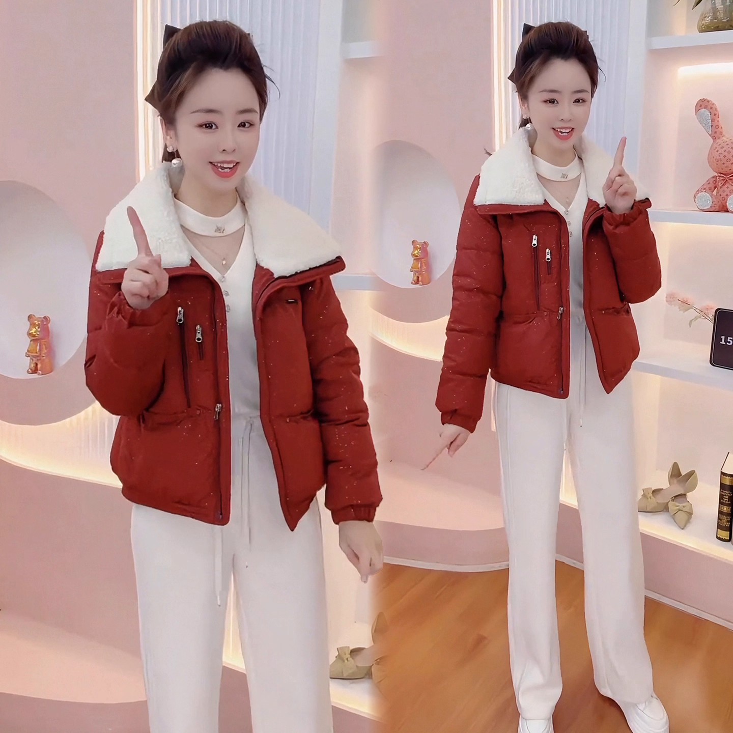 羊羔毛大翻领红色棉服女2025新款冬季保暖棉衣加厚宽松短棉袄外套
