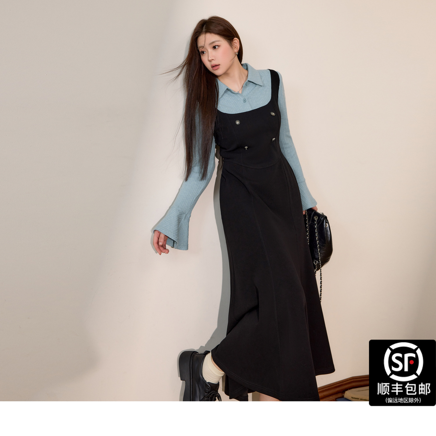 蓝语大码女装微胖M设计感假两件连衣裙2025秋新款显瘦遮肉a字长裙