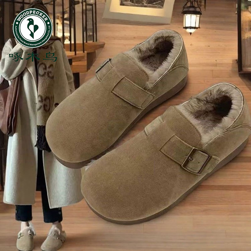 啄木鸟加绒全包复古勃肯鞋女冬季一脚蹬豆豆鞋毛毛棉鞋保暖棉鞋