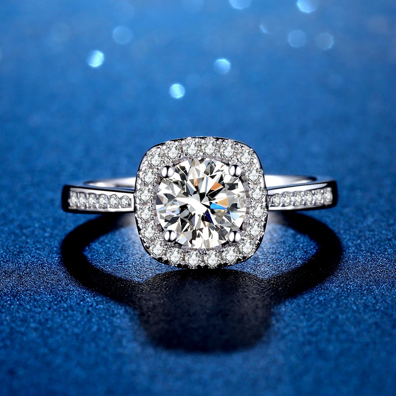 925银莫桑石戒指 纯银小方糖莫桑钻女款戒指轻奢一克拉河南带证书