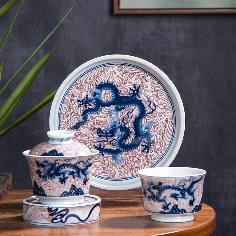 景德镇炎匠堂青花釉里红海水龙纹盖碗喝茶茶具套装新款仿明