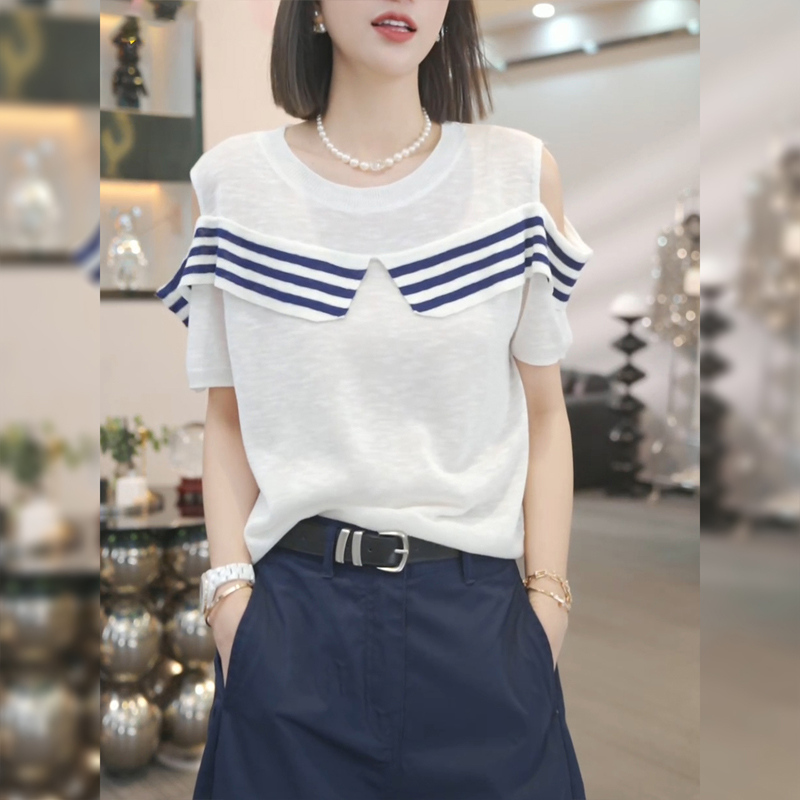 条纹短袖T恤女镂空露肩上衣设计感夏季薄款冰丝针织衫高级感百搭