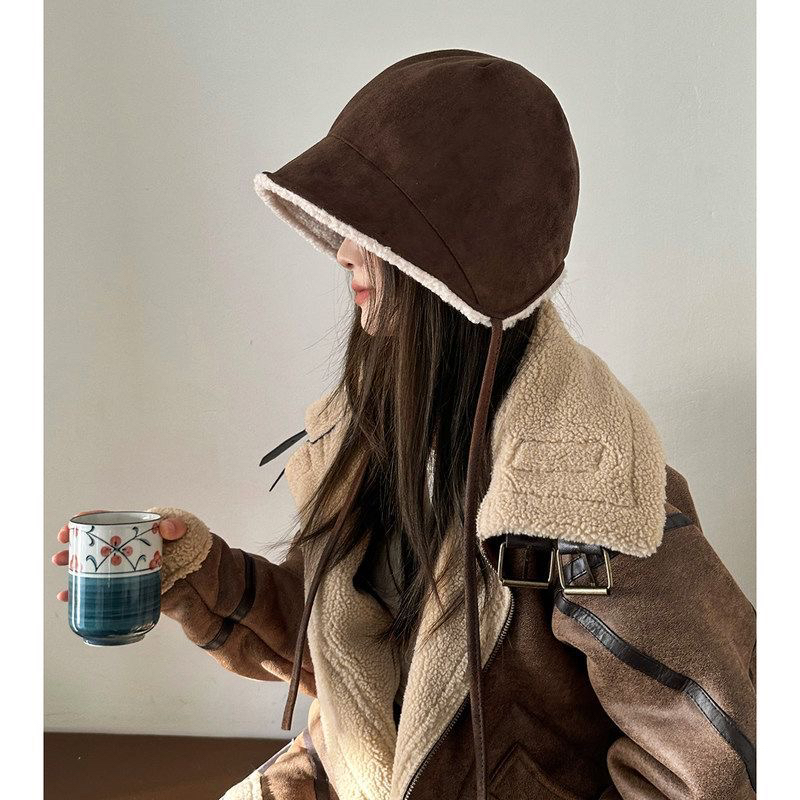 新款韩系复古麂皮绒渔夫帽女冬季加绒加厚保暖护耳防风显脸小骑车