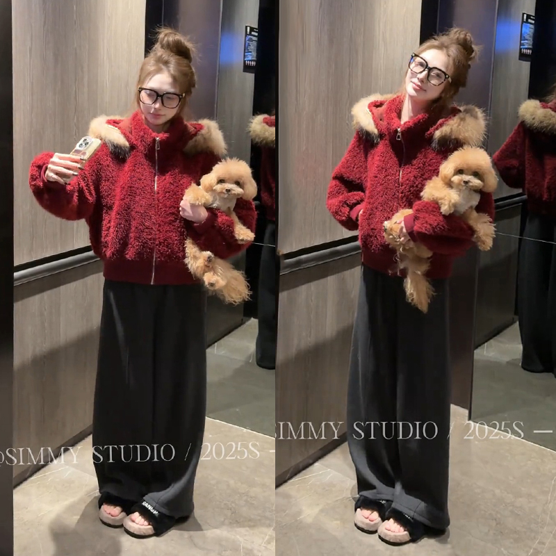 2026过年穿搭一整套红色百搭宽松慵懒风连帽外套休闲阔腿裤两件套