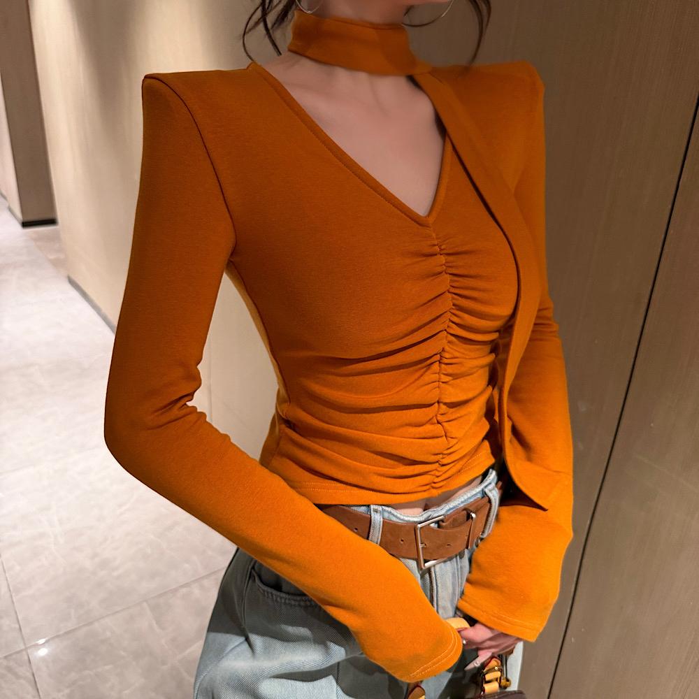 法式纯欲风V领褶皱飘带长袖T恤女2026秋冬新款设计感内搭女打底衫