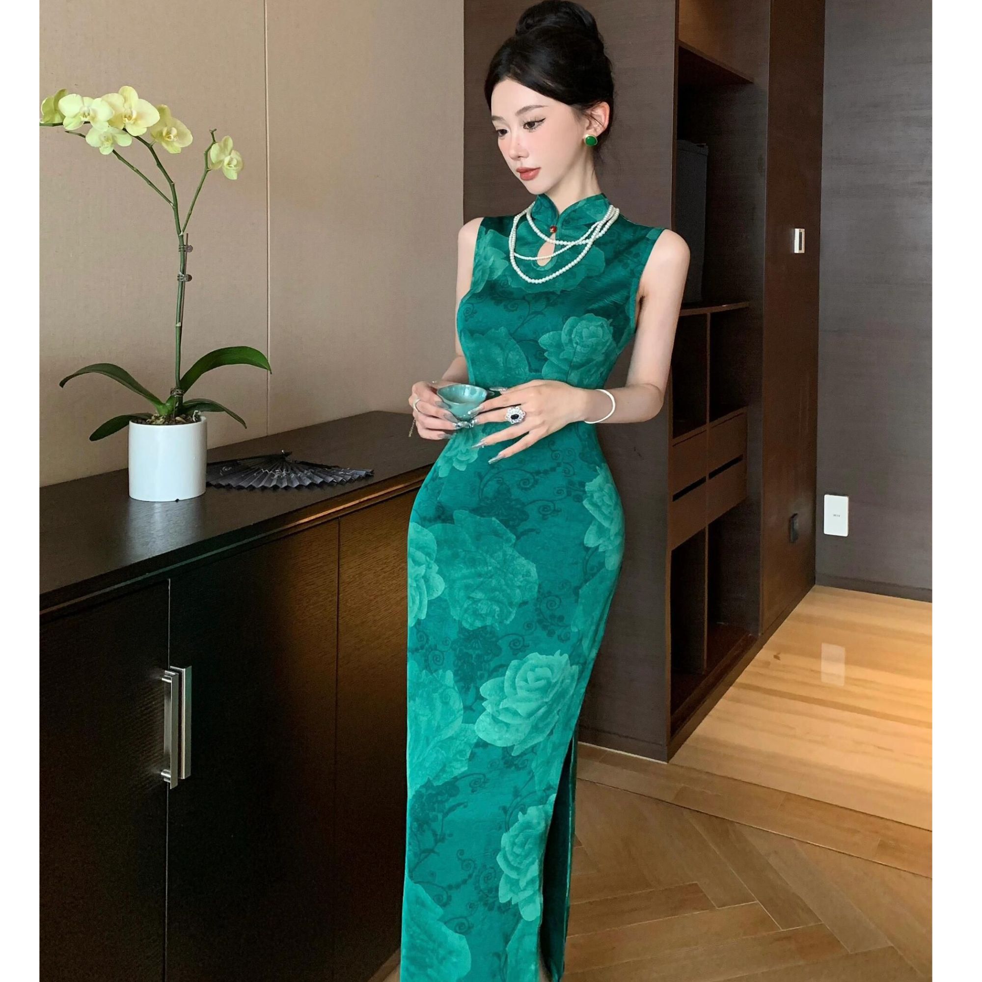 新中式国风夏季新款高档祖母绿大花朵无袖改良旗袍连衣裙祖母绿