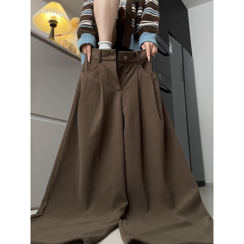 韩系棕咖色灯芯绒西装裤女秋冬高腰宽松bf慵懒风小个子直筒阔腿裤