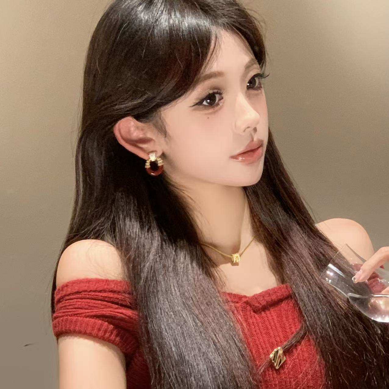 FULL GIRLISH耳环01866复古红色轻奢耳钉耳饰