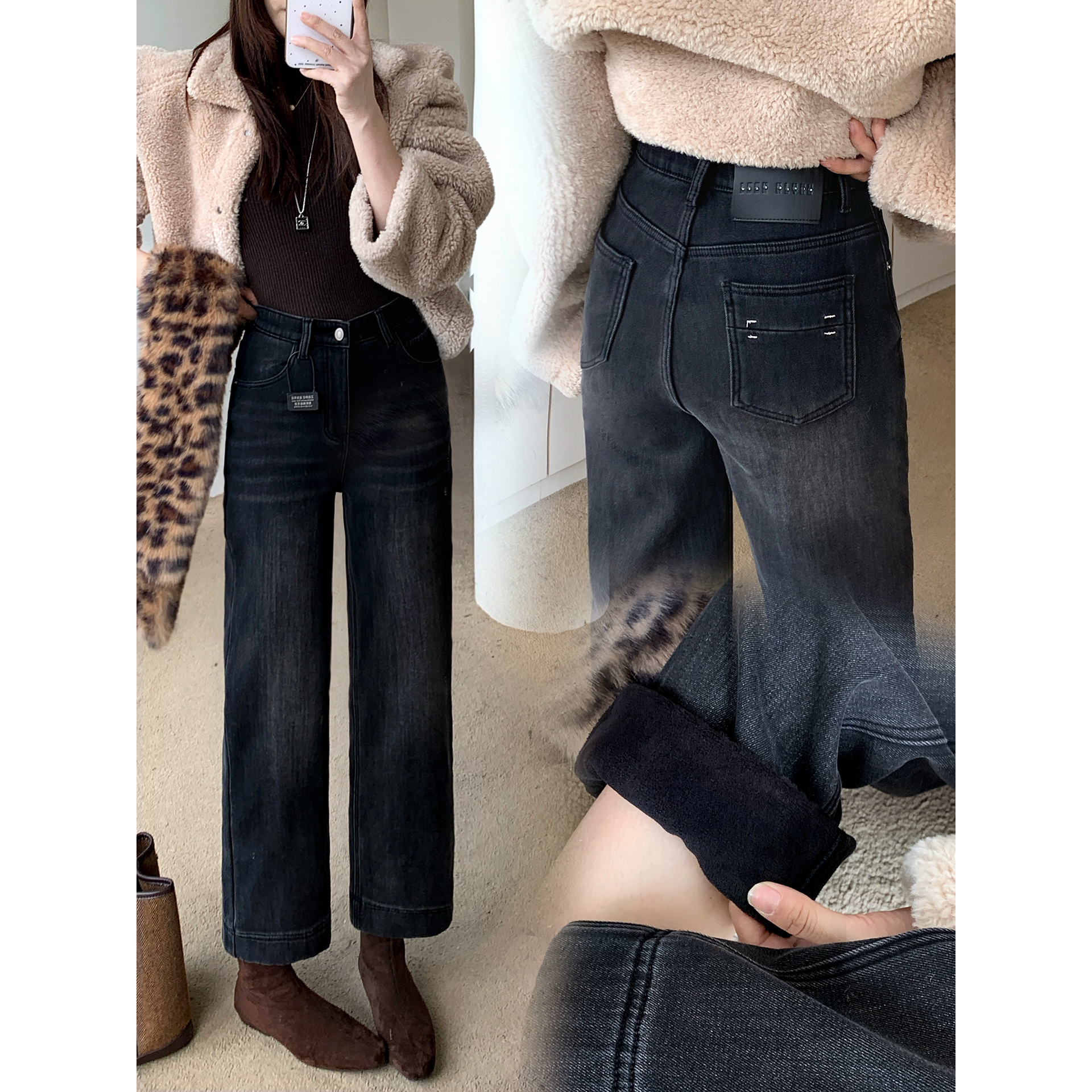 加厚加绒九分牛仔裤女直筒2025冬季新款小个子高腰显瘦保暖烟管裤