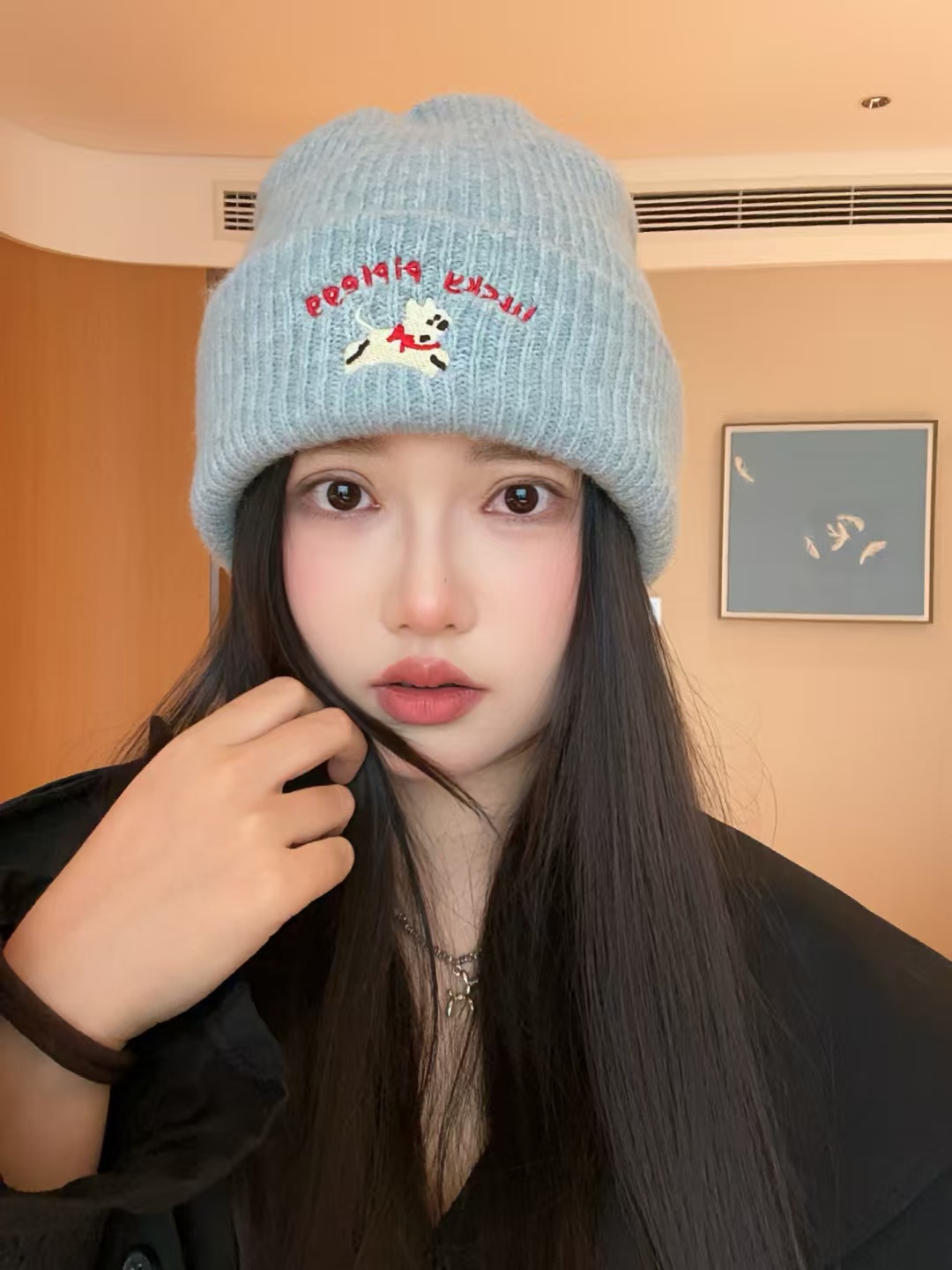 幸运小狗刺绣针织帽女韩系秋冬保暖显脸小护耳毛线帽百搭冷帽子