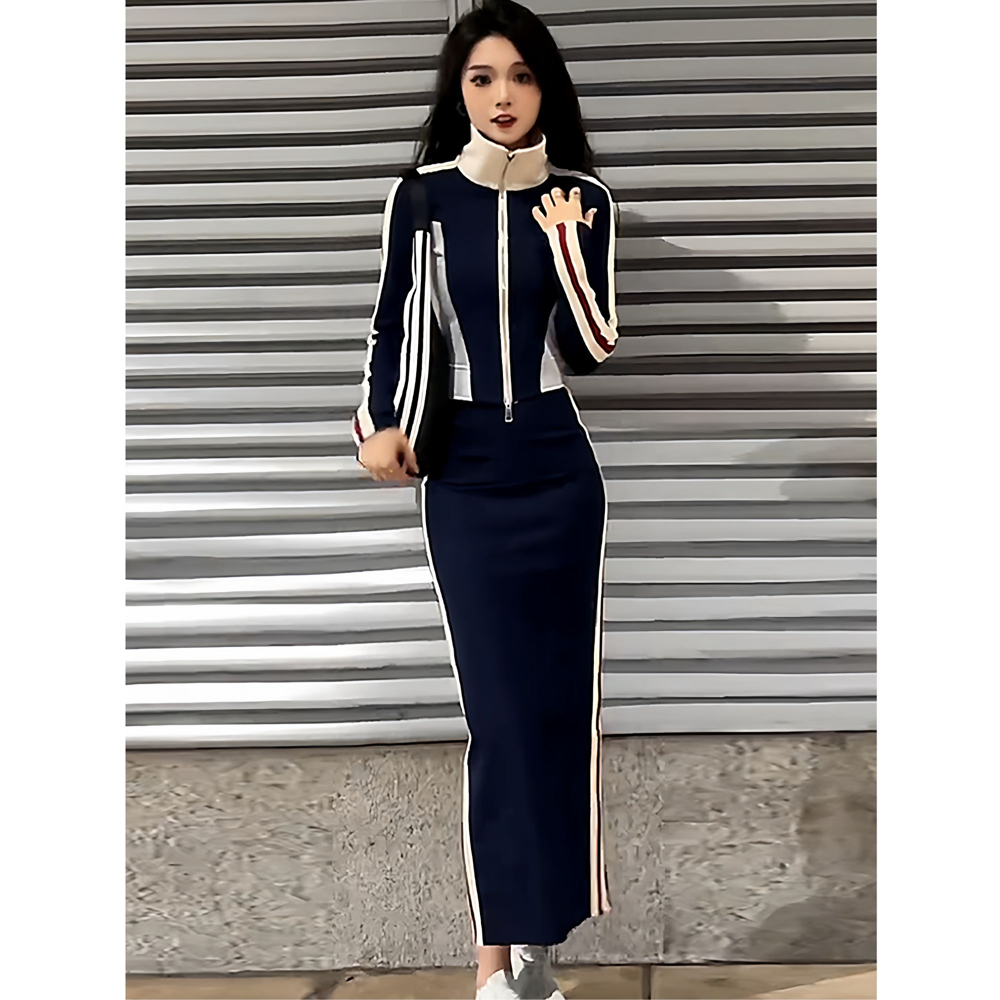 时尚套装裙女2025春秋减龄撞色长袖拉链外套高腰半身裙气质两件套