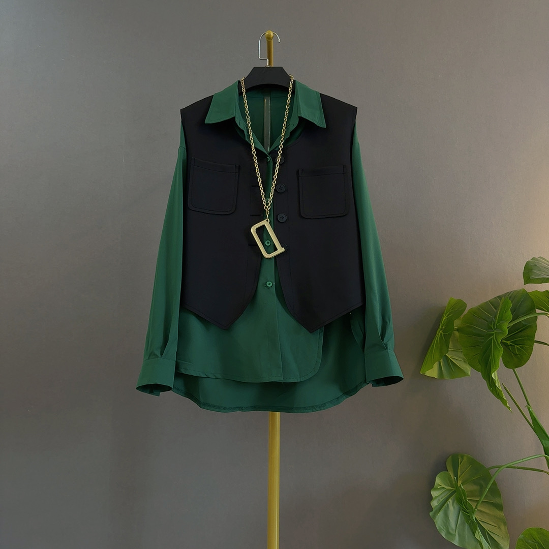 新款不规则个性美背设计感短款马甲&长袖衬衫大码女装俩件套