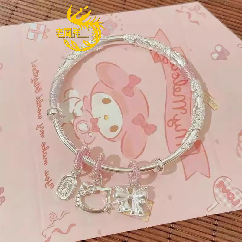 老凰祥繁花似锦Kitty猫纯银手镯女999足银实心镯子送女友生日礼物
