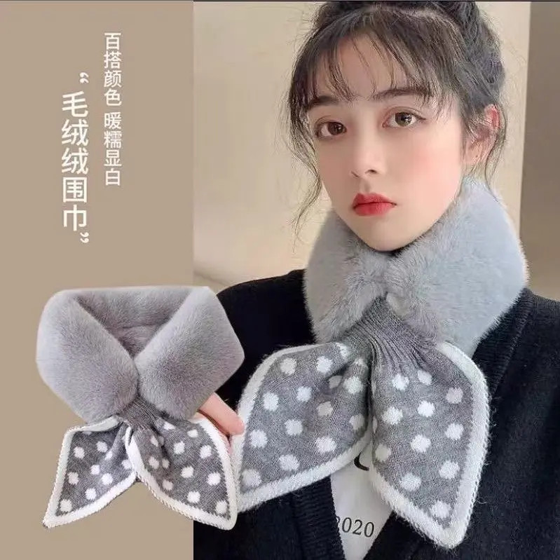 围巾ins女波点毛保暖针织毛绒交叉毛毛领时尚冬款脖领围脖毛毛款