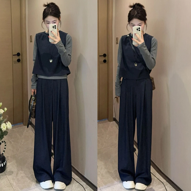 藏青色气质马甲阔腿裤套装女秋季新款韩系穿搭高级松弛感三件套