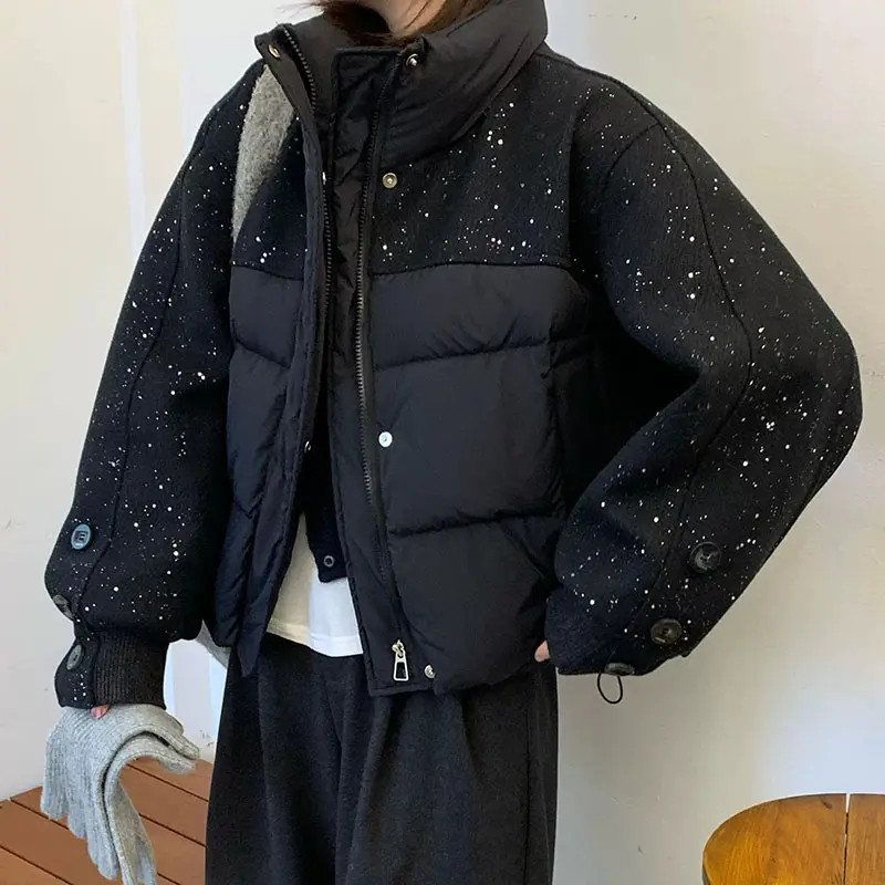 亮闪闪毛呢拼接棉服外套女2024冬季新款洋气加厚保暖棉衣棉袄潮