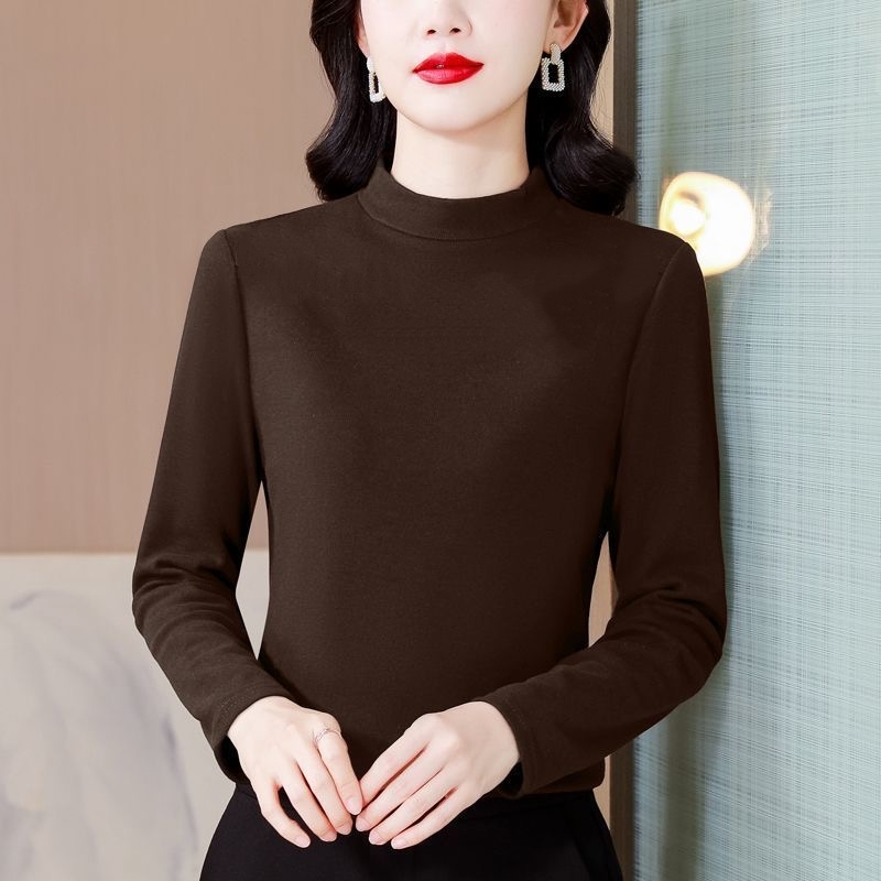 秋冬季新款德绒加厚半高领烫钻打底衫中老年早秋圆领妈妈装上衣女