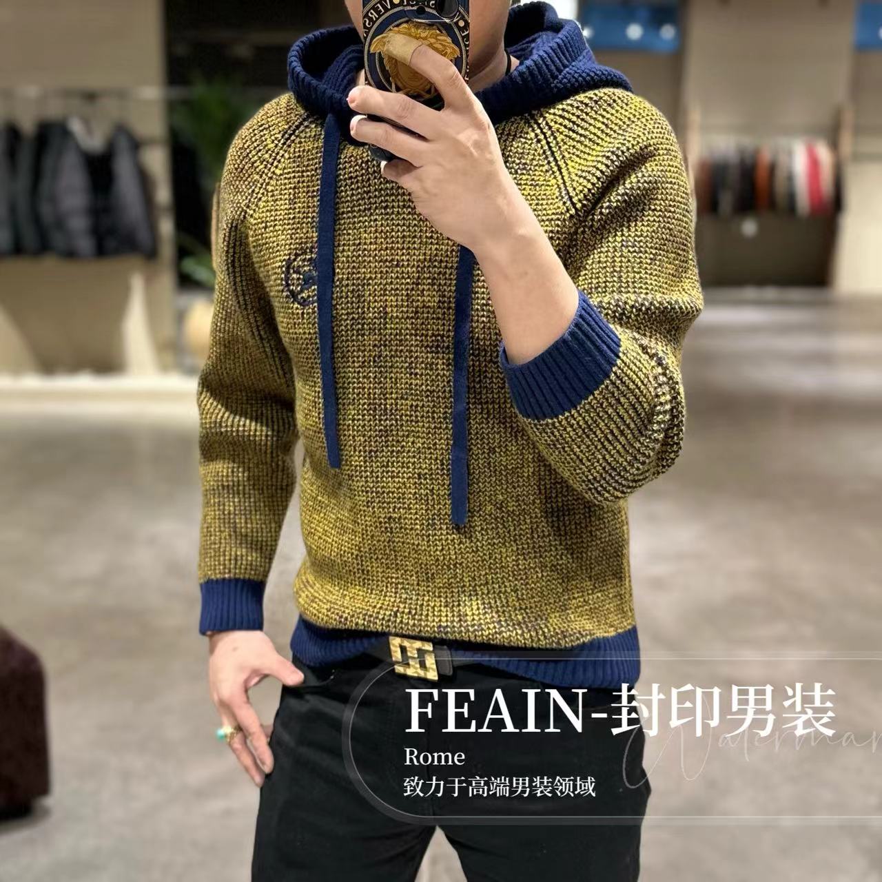 【羊毛混纺】高端男士羊毛混纺画纱飞织工艺连帽针织衫Q20