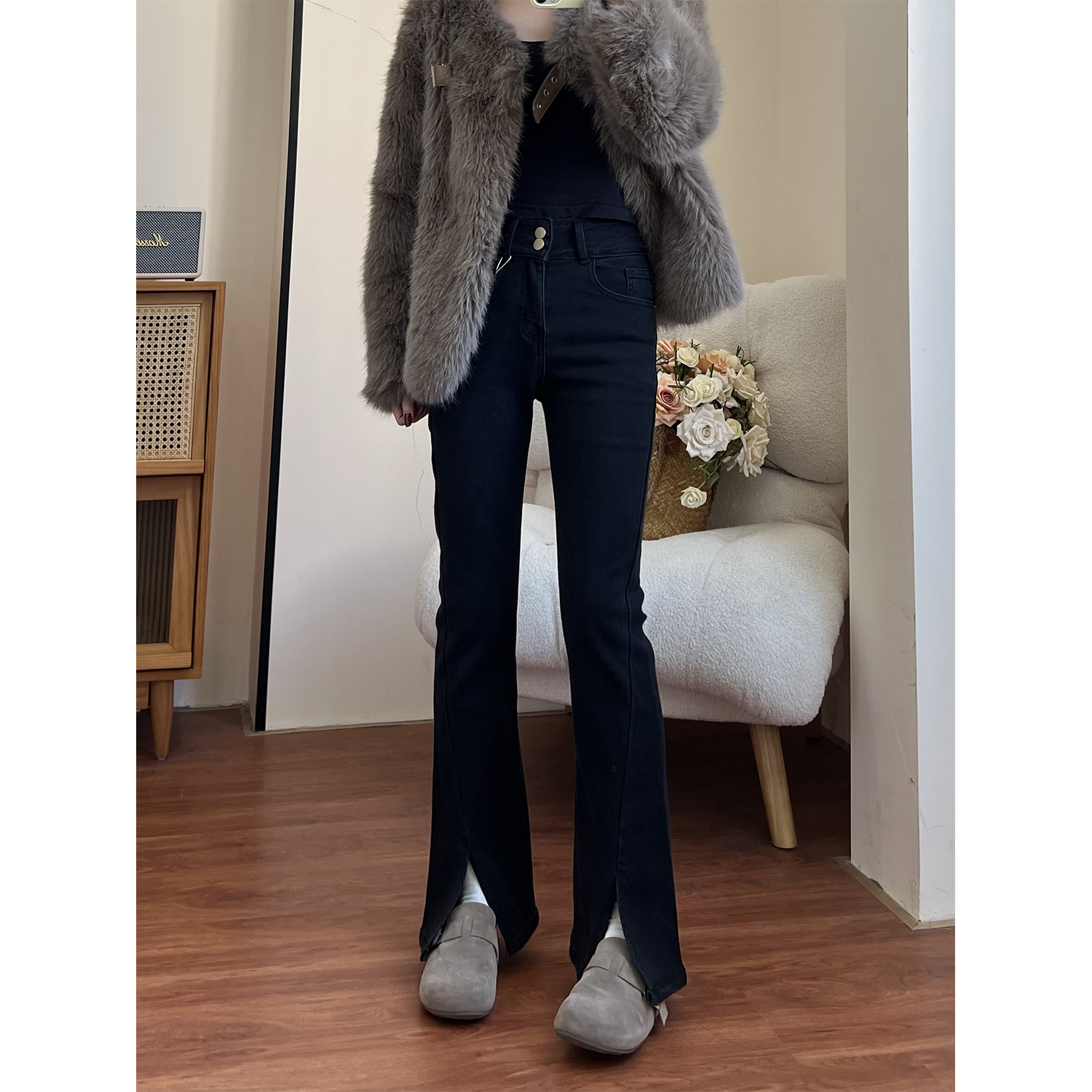 牛仔裤女春季分叉拖地裤2025新款前开叉黑色高腰微喇叭显瘦长裤子