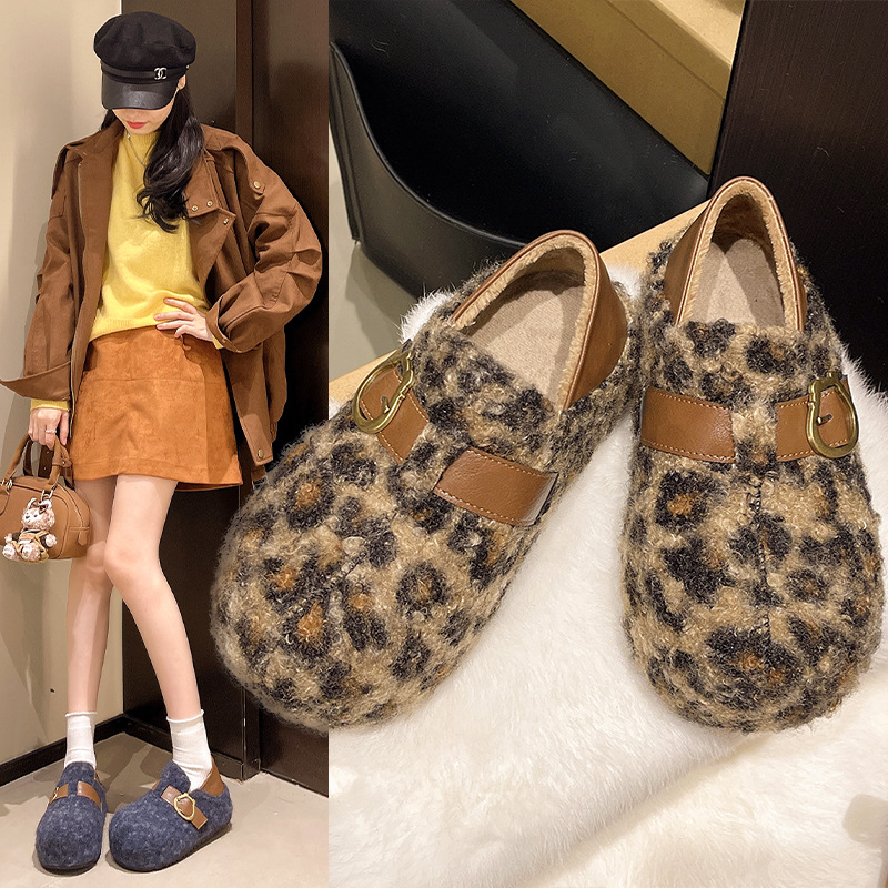 时尚小众豹纹棉鞋女冬季保暖轻便防滑勃肯鞋懒人一脚蹬软底毛毛鞋