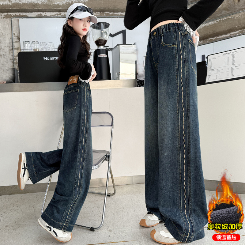 女童秋冬加绒牛仔阔腿裤6-12岁儿童一体绒洋气百搭加厚直筒裤大童
