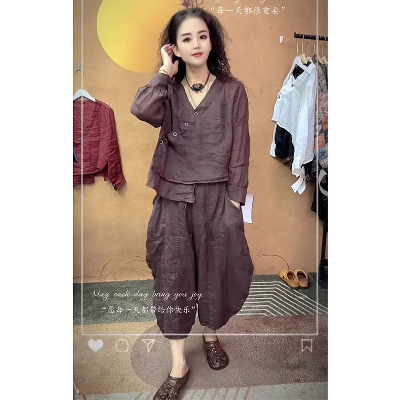 欧洲站2025夏季新款洋气百搭显瘦V领上衣高腰纯色休闲裤苎麻套装