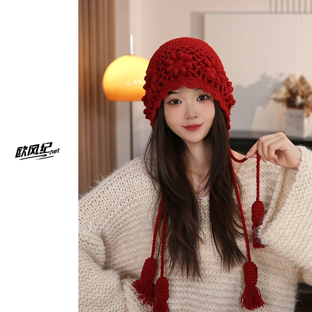 2025新款花朵手工编织双层辫子毛线帽子女秋冬保暖百搭针织护耳帽