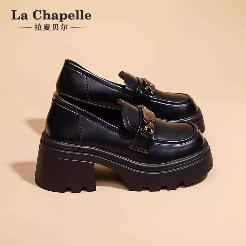拉夏贝尔厚底乐福鞋女款2025冬季英伦风黑色小皮鞋一脚蹬懒人单鞋